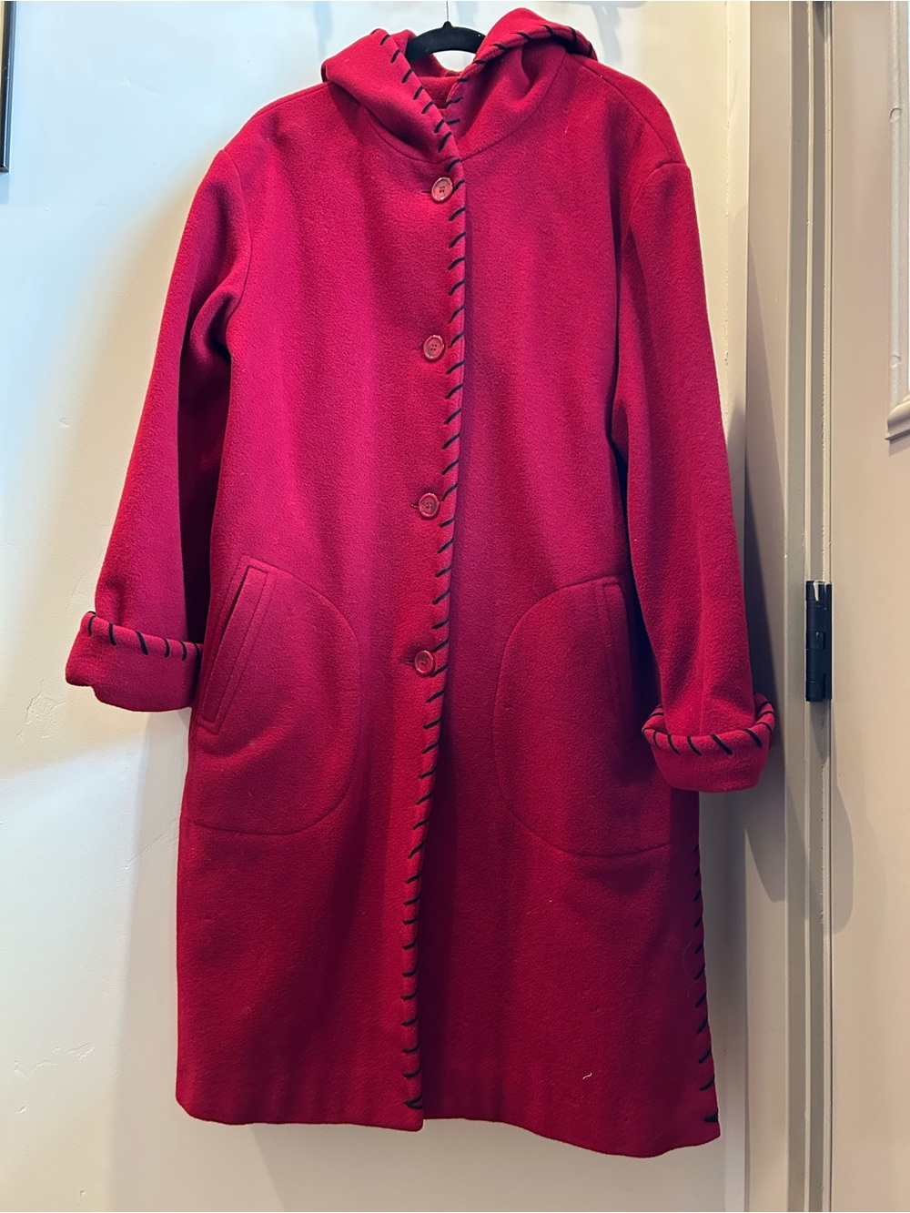 Vintage Women’s Hooded Wool-Blend Coat in Bright Red